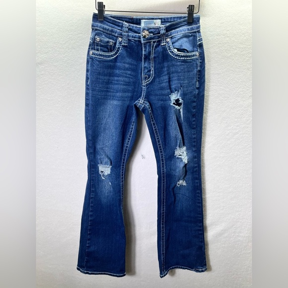 Y Jeans Distressed Bootcut Jeans Womens 3/4 Pants Blue Denim Stretch Pocket 2134 - Picture 1 of 10